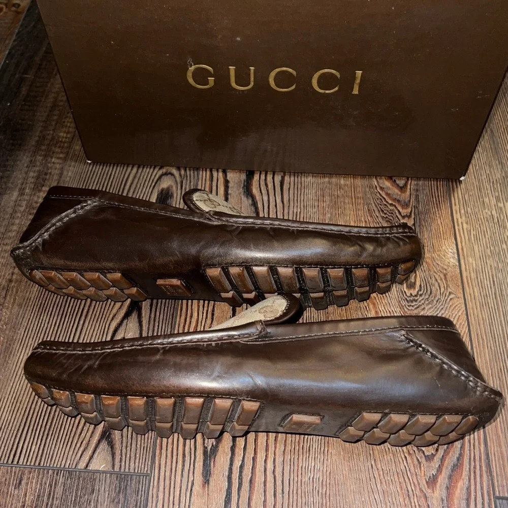 Gucci Mens Florence GG Monogram Driver Loafers Cocoa Brown Leather 153991 Size 9